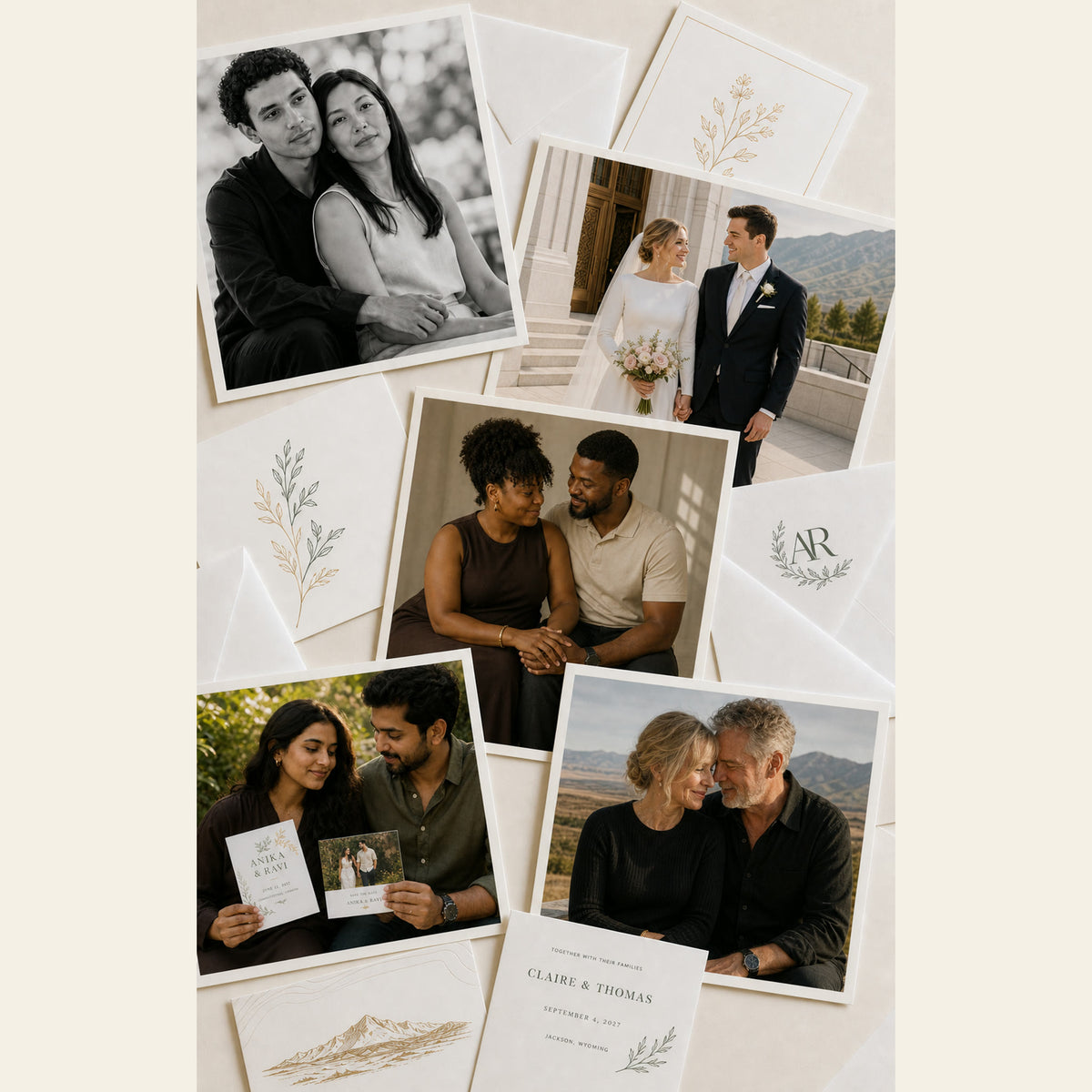Wedding invitation suites, photo cards and printed envelopes