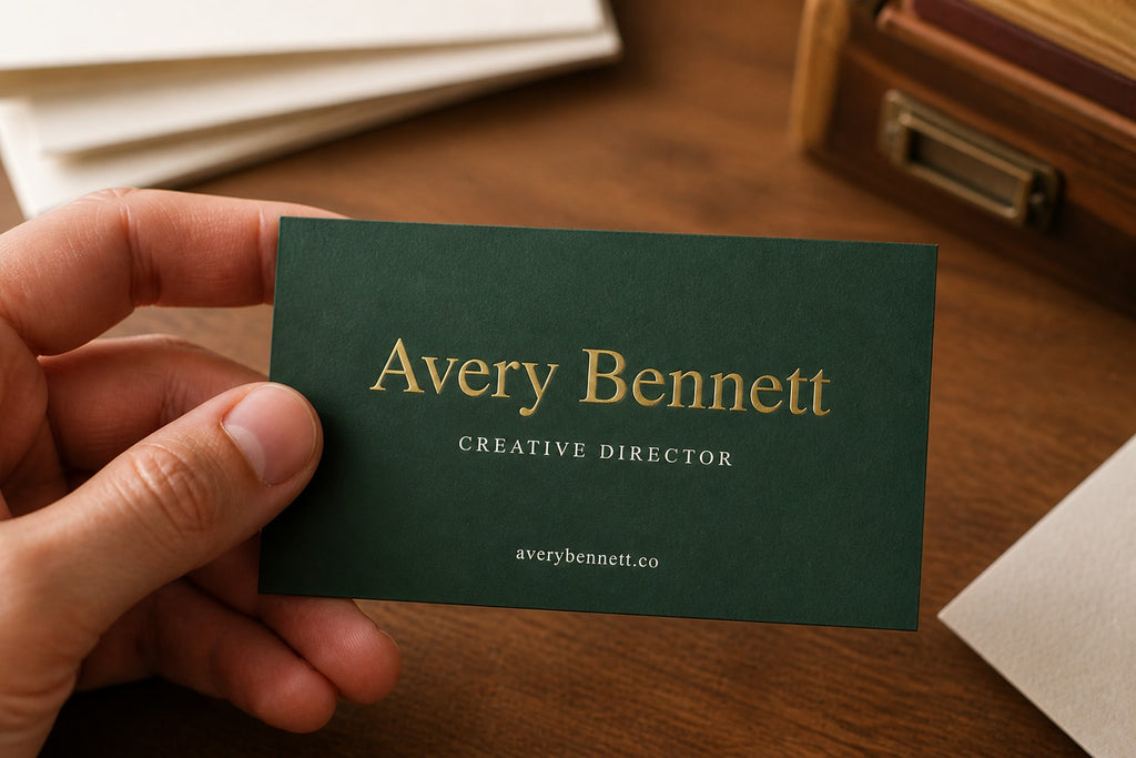 Hand holding a personalized bottle-green Avery Bennett business card with a raised gold-foil name
