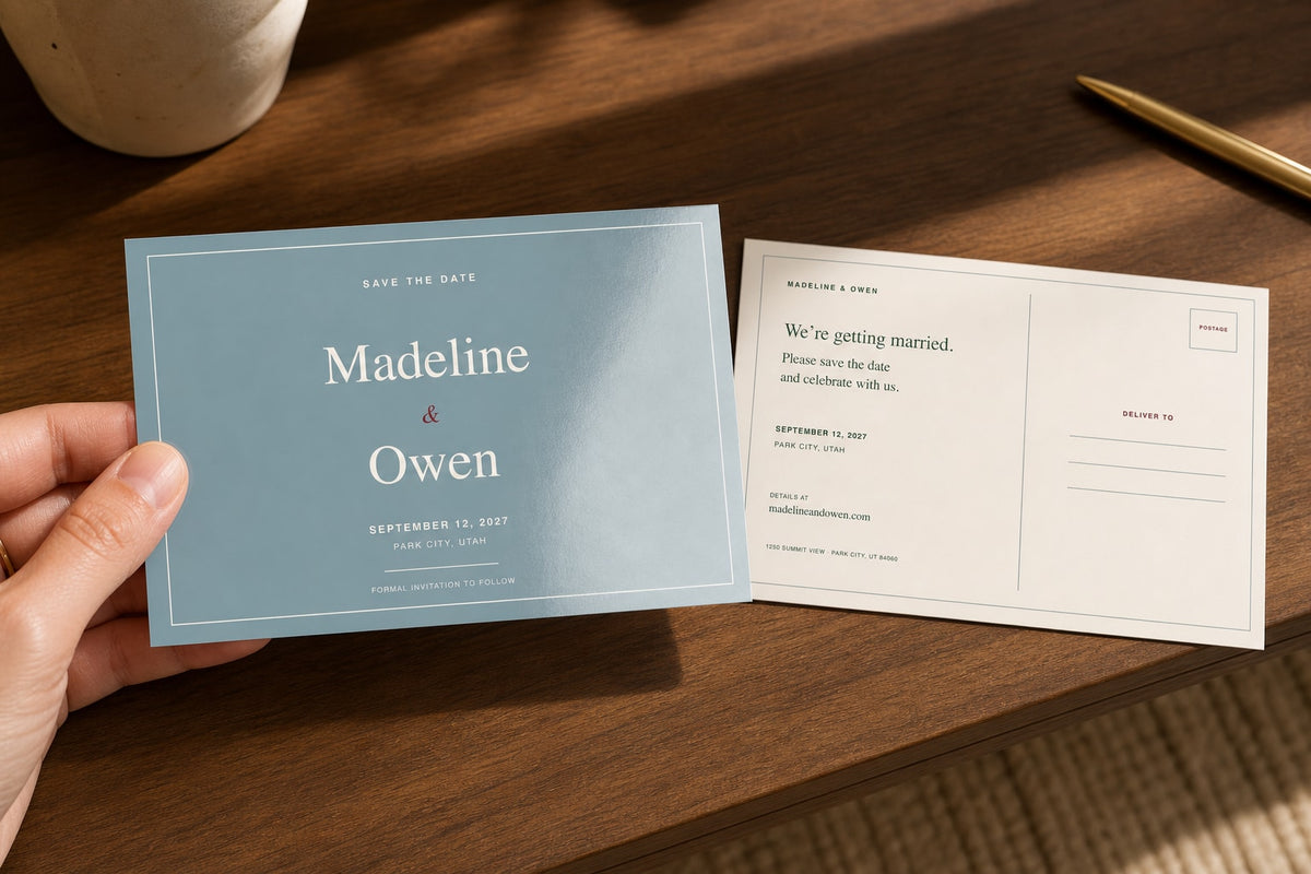 Hand holding a personalized Madeline and Owen save-the-date postcard beside its addressable mailing back