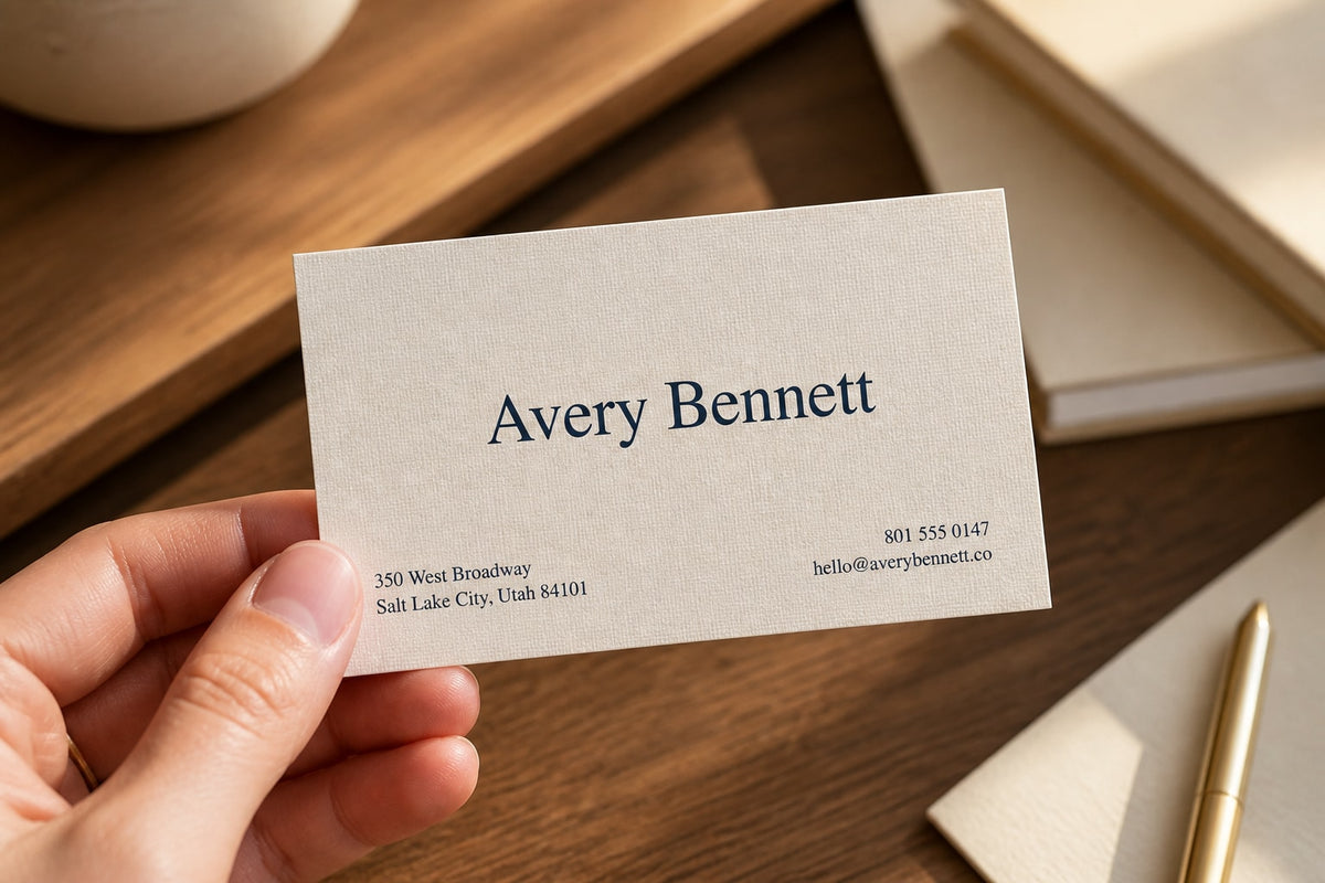 Hand holding a one-ink Classic Standard business card on warm-white linen stock