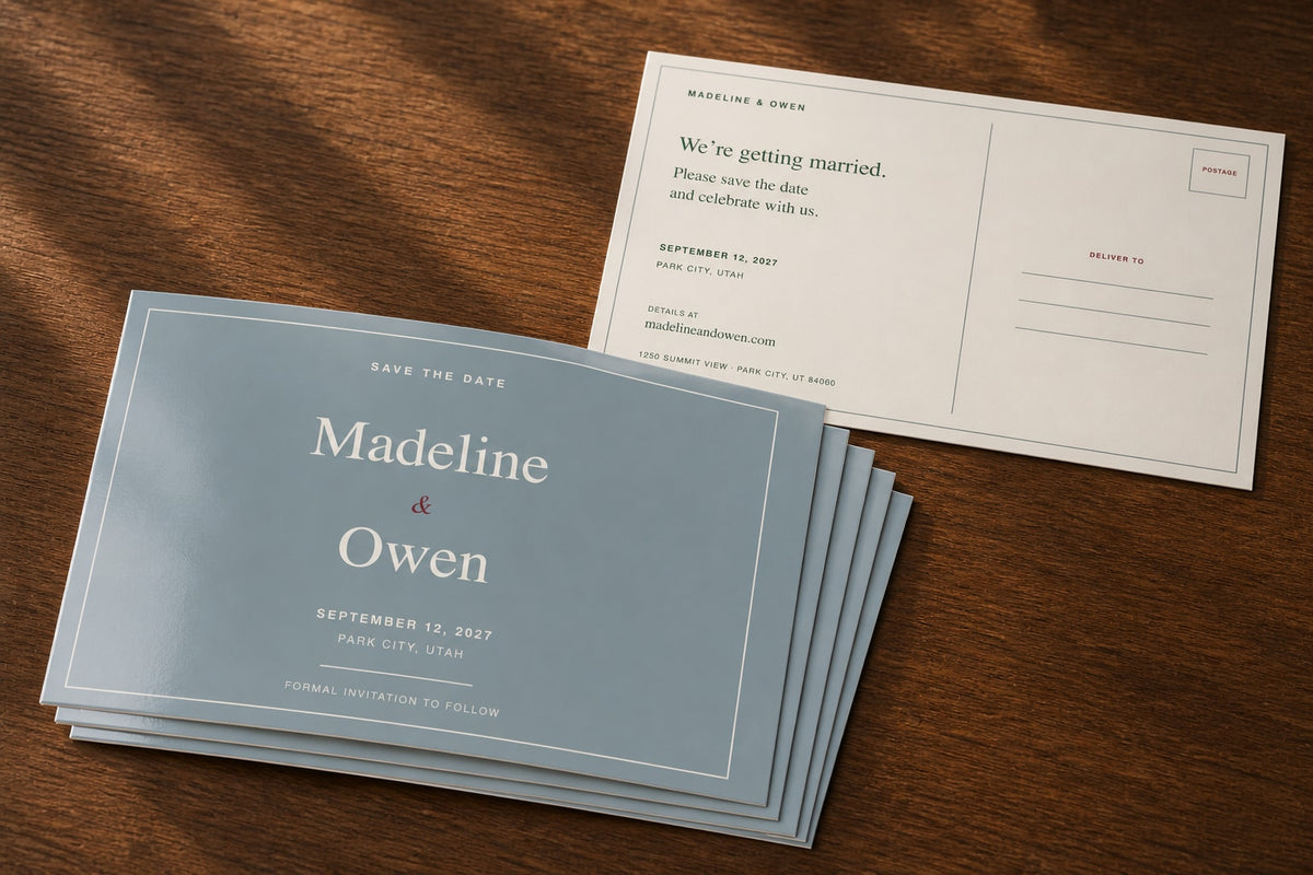 Stack of personalized 4 by 6 save-the-date postcards with the designed front and mailing back visible
