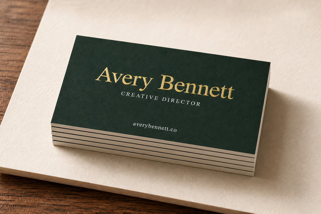 Stack of personalized bottle-green business cards with raised gold-foil names and natural white edges