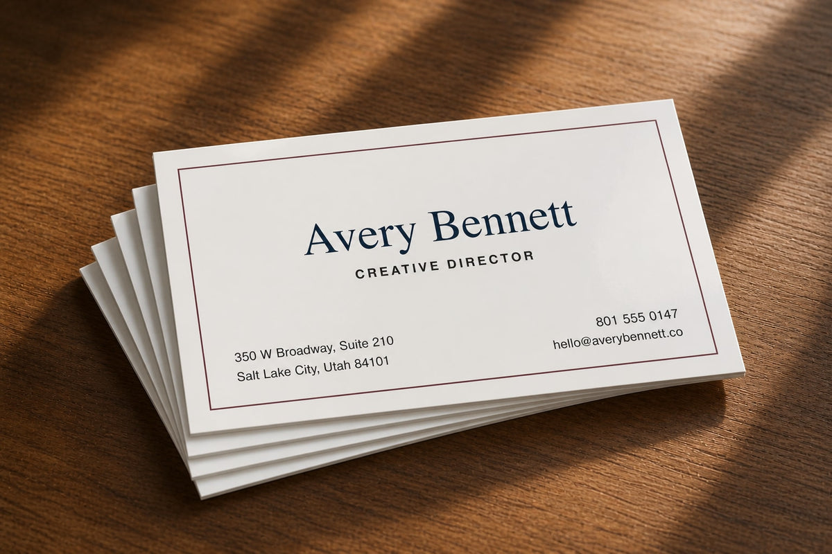 Six personalized 14 pt gloss business cards showing realistic white cut edges and modest stock thickness