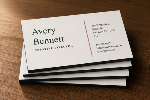 Stack of personalized editorial business cards showing solid 38 pt black cores