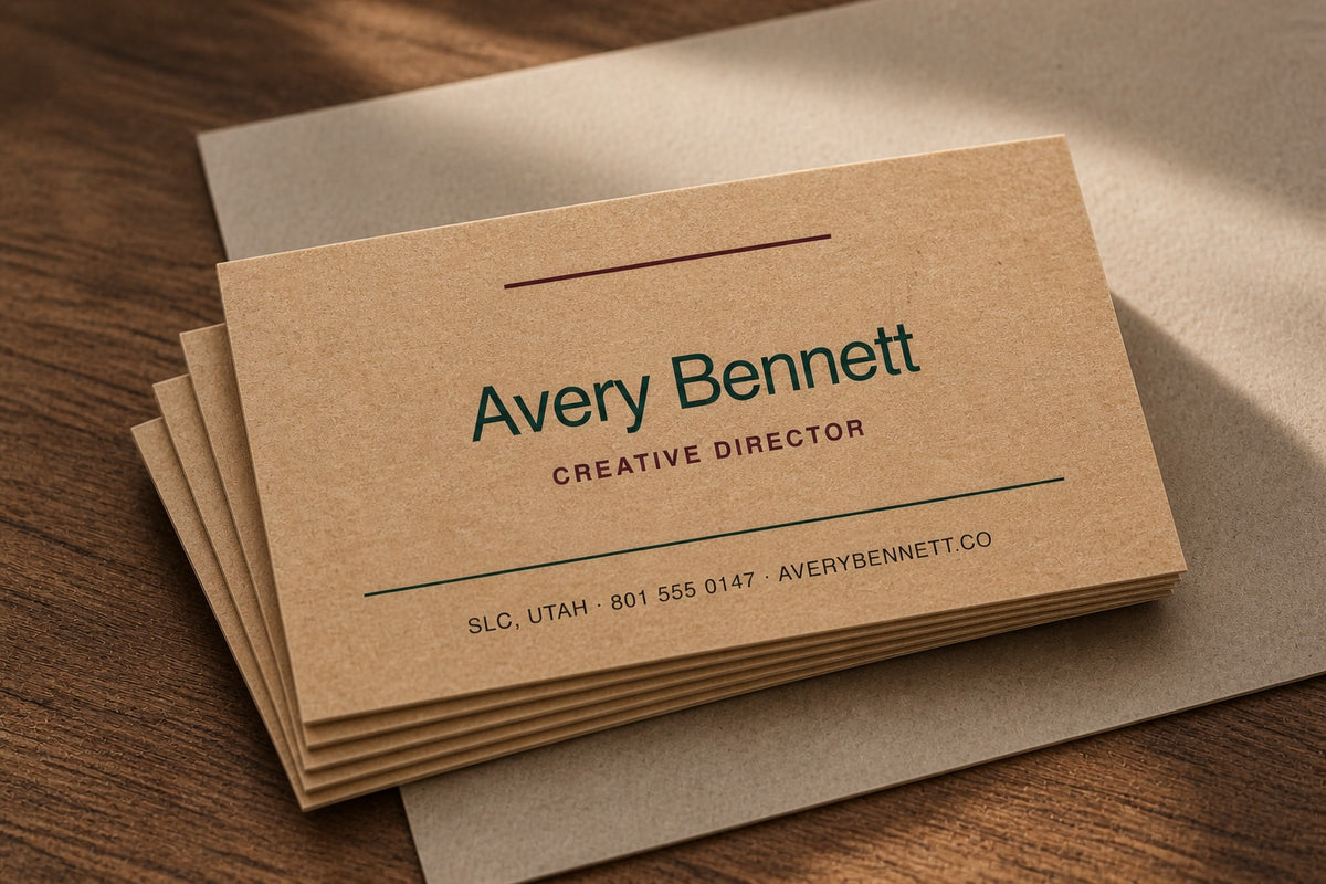 Stack of personalized kraft business cards showing natural brown edges and recycled paper fibers