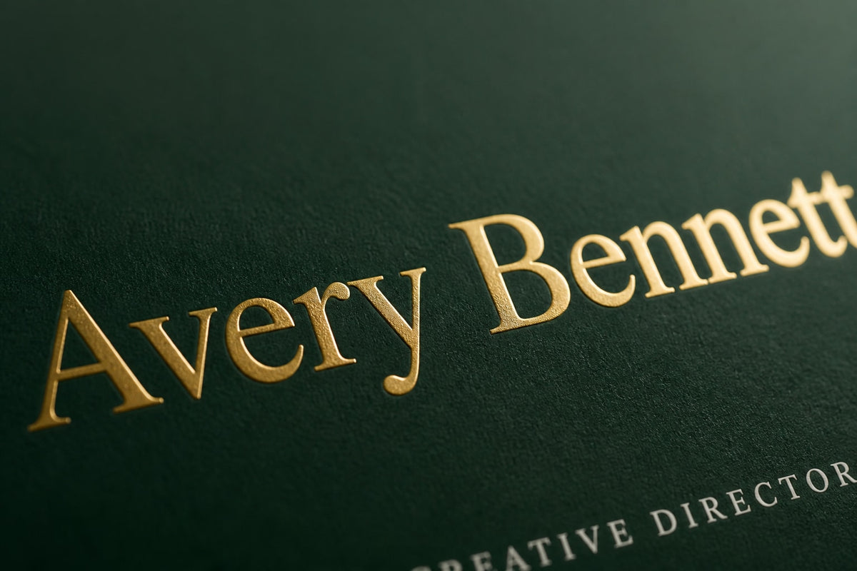 Macro close-up of the raised gold-foil Avery Bennett name on bottle-green matte paper