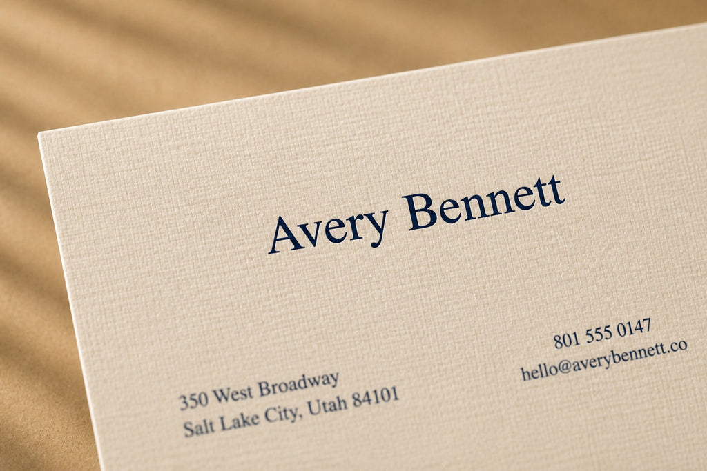 Macro close-up of the Avery Bennett name printed in navy on woven linen paper