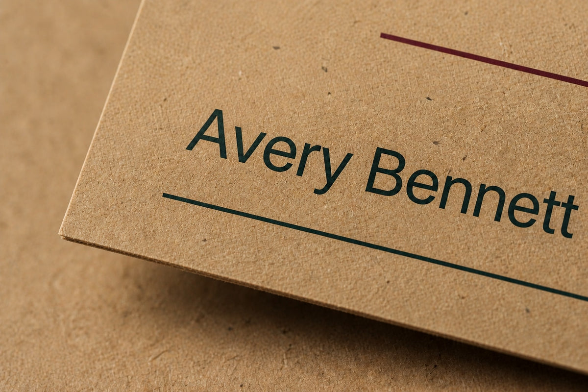 Macro close-up of dark green printing and visible recycled fibers on natural kraft paper