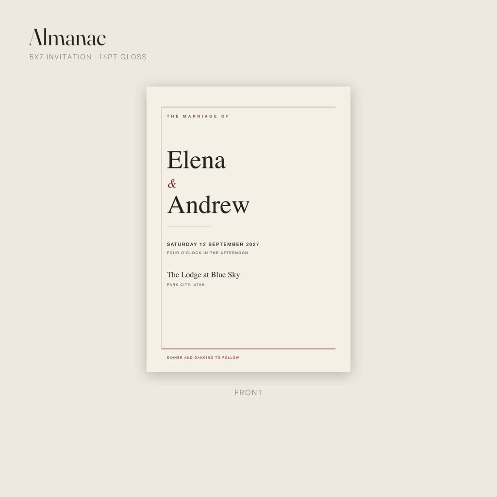 Almanac invitation on 14pt gloss, front