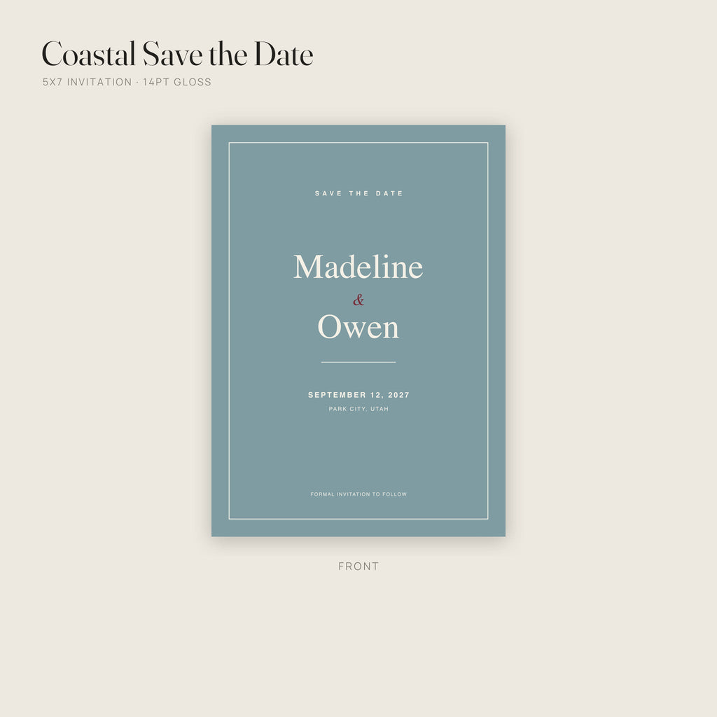 Coastal Save the Date invitation on 14pt gloss, front