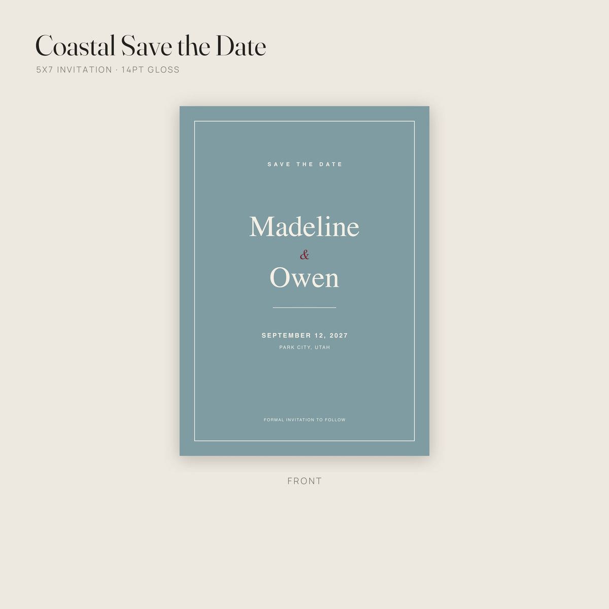 Coastal Save the Date invitation on 14pt gloss, front