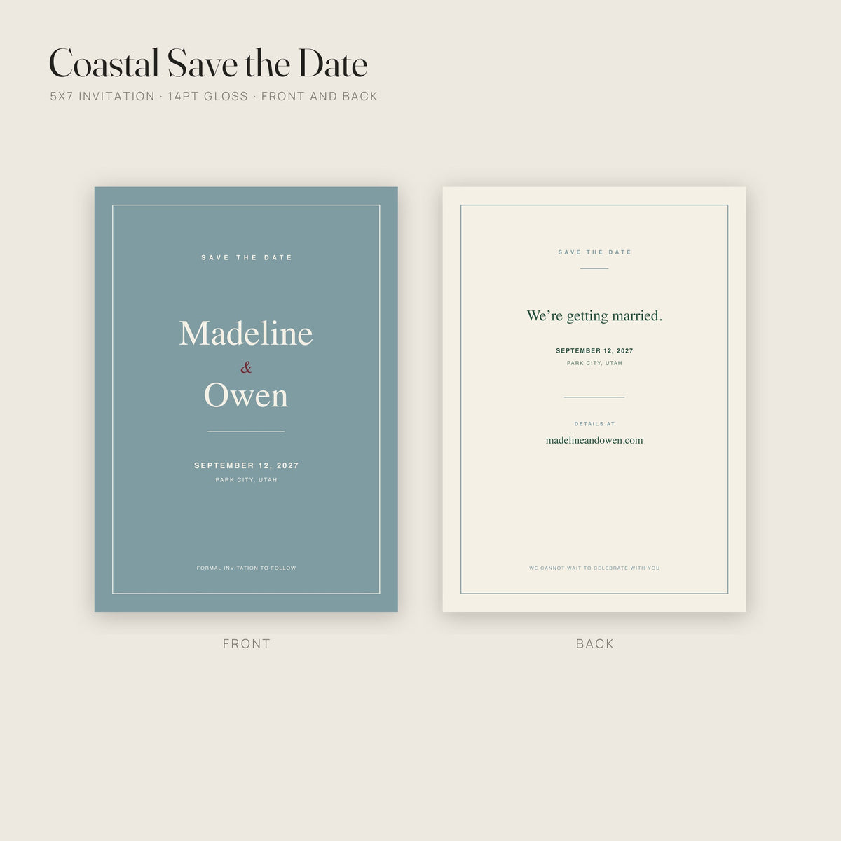 Coastal Save the Date invitation on 14pt gloss, front and back