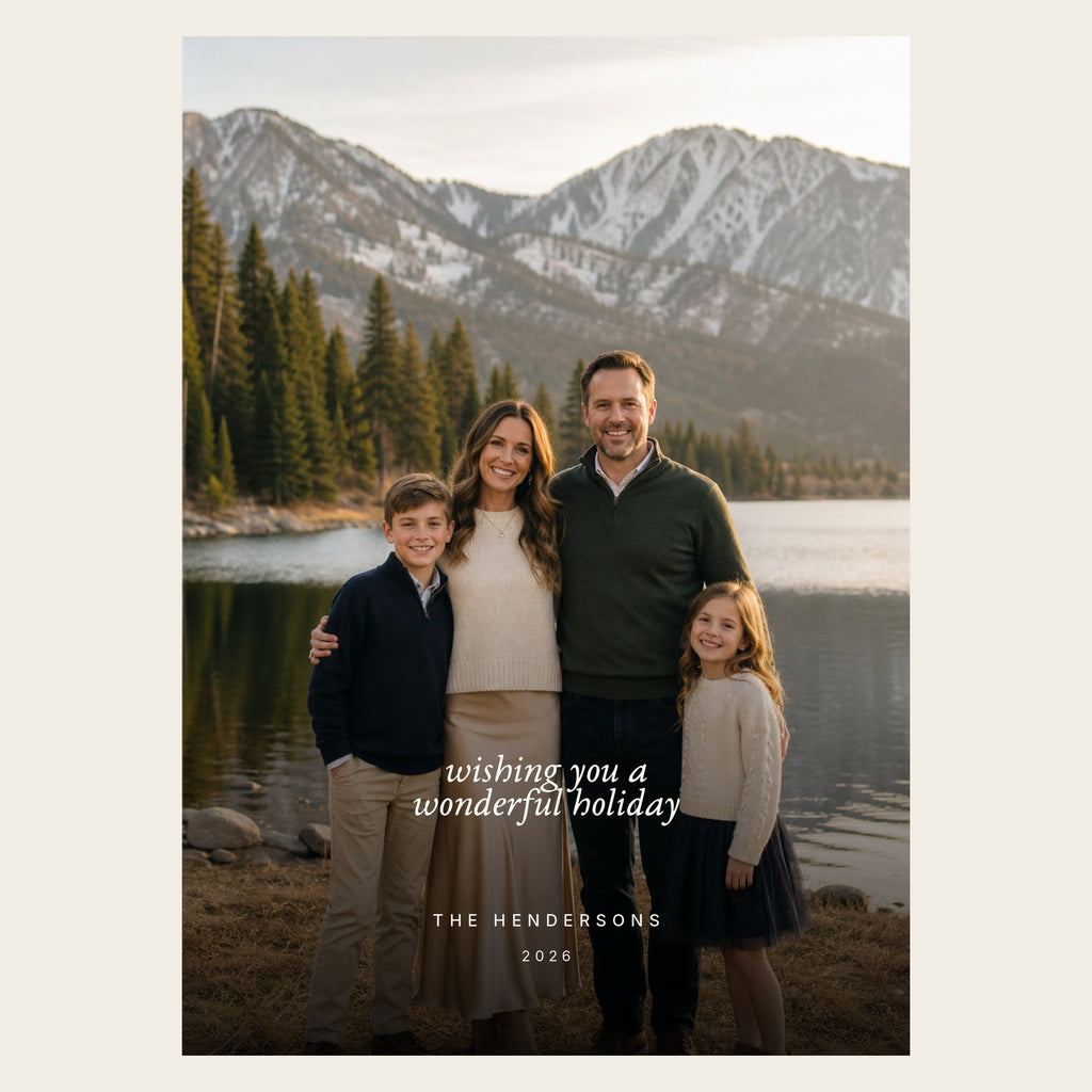 Portrait Ledger flat holiday card front shown fully