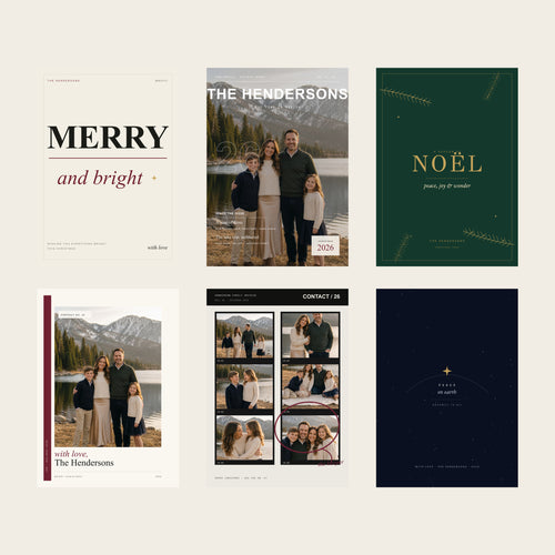 Six folded holiday card designs shown fully in a square gallery preview