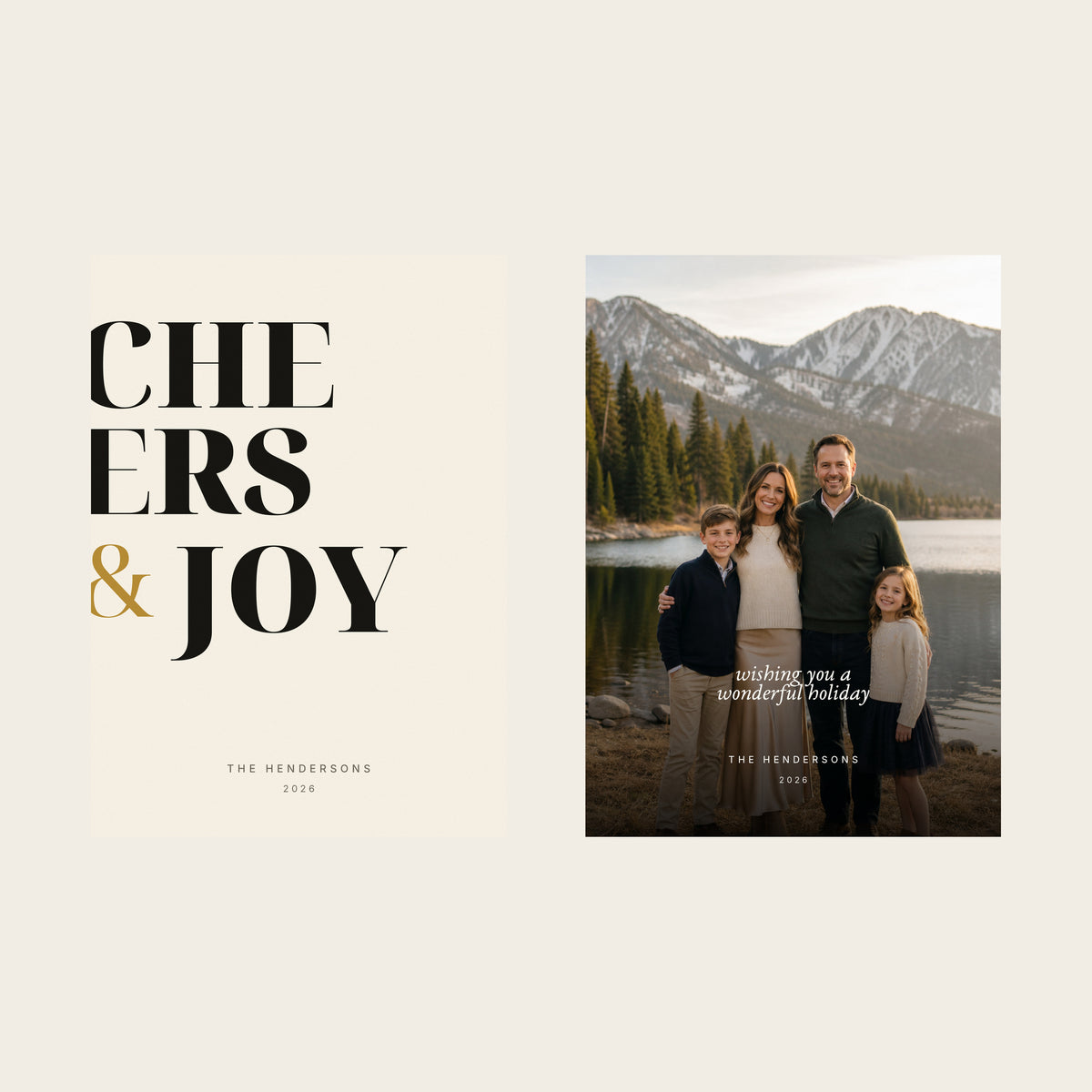 Two different flat holiday card designs shown fully in a square gallery preview