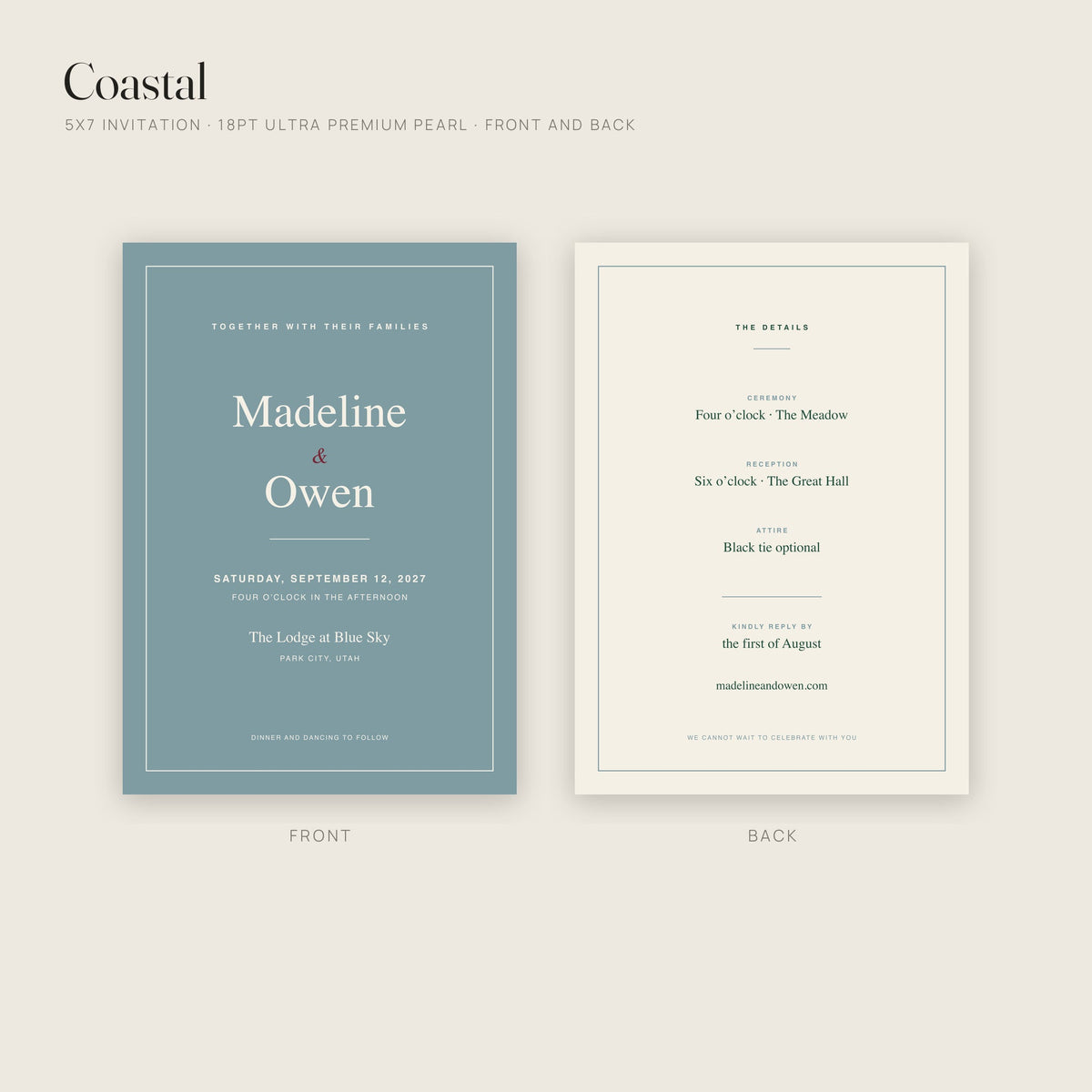 Coastal invitation on 18pt Ultra Premium Pearl, front and back