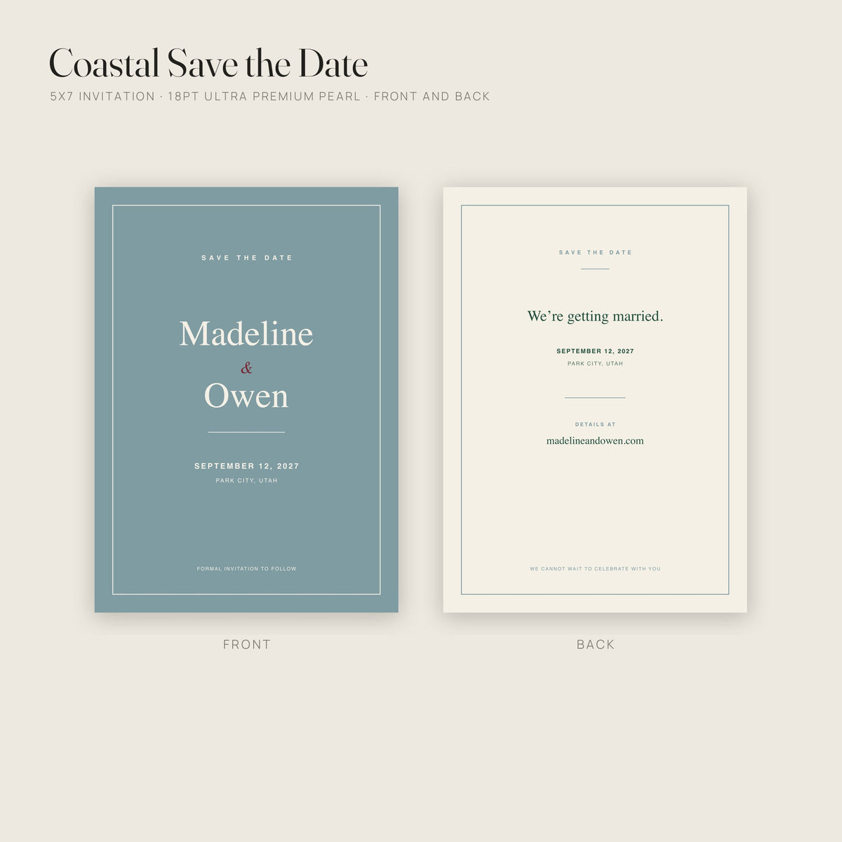 Coastal Save the Date invitation on 18pt Ultra Premium Pearl, front and back